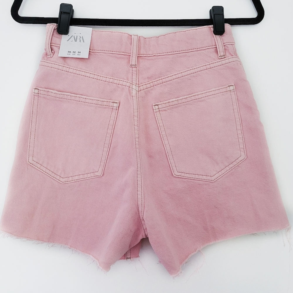 NEW Zara Pink Jean Hi Rise Shorts Fly Button Size 2 - Picture 3 of 8